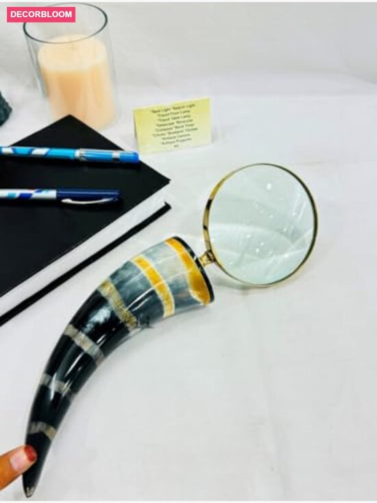 Antique Brass Decorative Magnifying Glass 5X Horn Handle Vintage Reading Tool